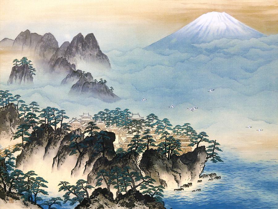 Crane Painting - Mount Fuji - HORAISAN - Top Quality Image Edition by Yokoyama Taikan