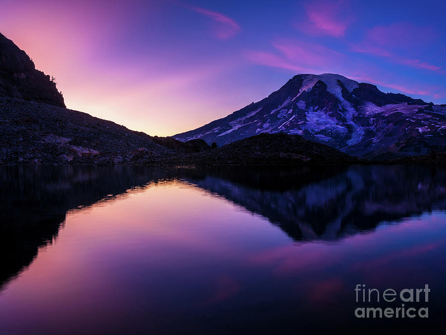 Mount Rainier Sunset Cloud Angles Reflection Photograph