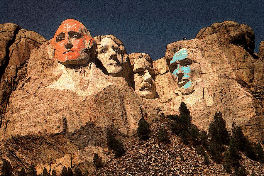 Mount Rushmore Red and Blue Drawing Painting by Peter Potter