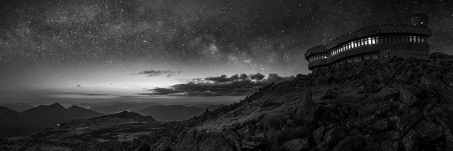 Mount Washington Summit Milky Way Panorama Black and White Photograph by White Mountain Images
