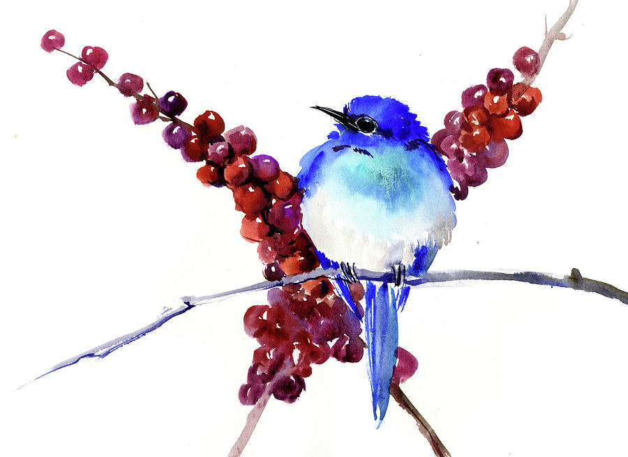 Mountain Bluebird and Berries, Cute Bird, BLue red bird home decor Painting by Suren Nersisyan