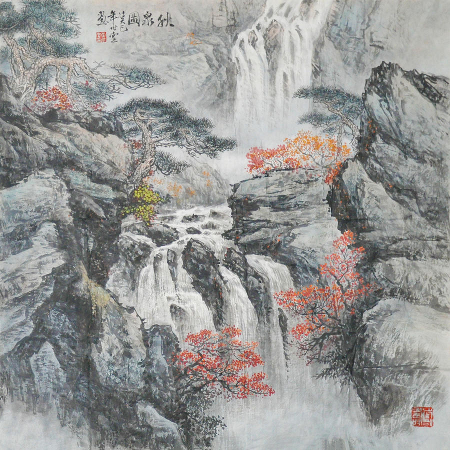Fall Painting - Mountain Cascade of Autumn by Shitang Li