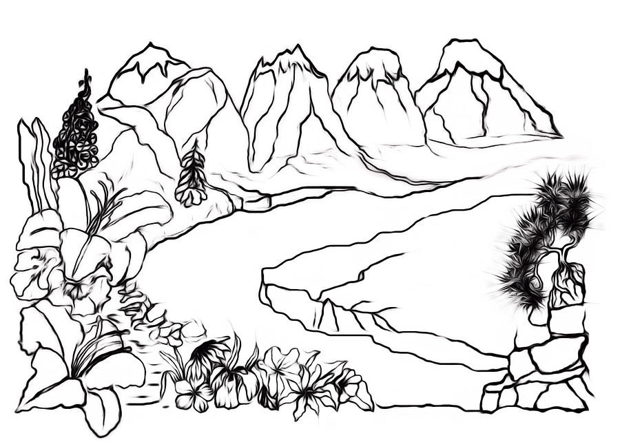Mountain Floral Scene PAINT MY SKETCH Drawing by Delynn Addams