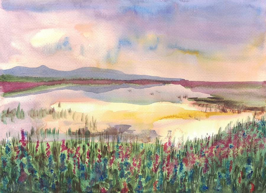 Mountain lake meadow flower Painting by Hiroko Stumpf