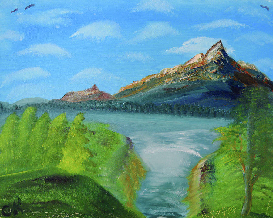 Mountain Painting - Mountain Lake Waterfall by Chance Kafka Mountain Painting - Mountain Lake Waterfall by Chance Kafka