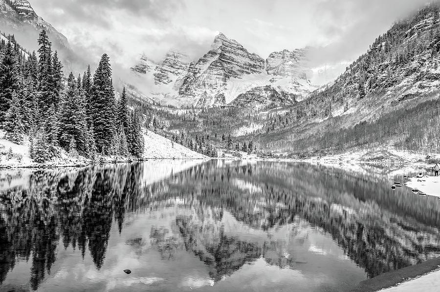 Mountain Landscape Reflections of Maroon Bells Colorado - Monochrome Photograph by Gregory Ballos