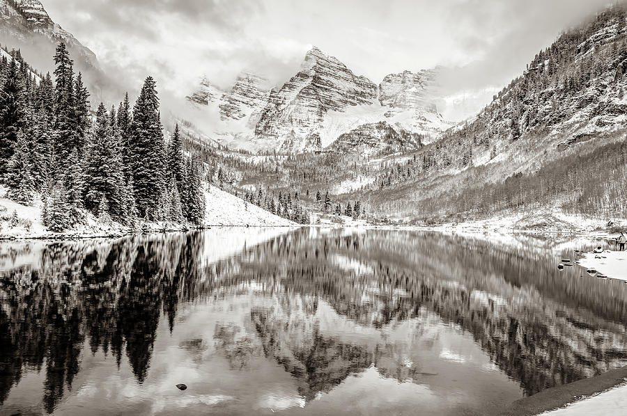 America Photograph - Mountain Landscape Reflections of Maroon Bells Colorado - Sepia by Gregory Ballos