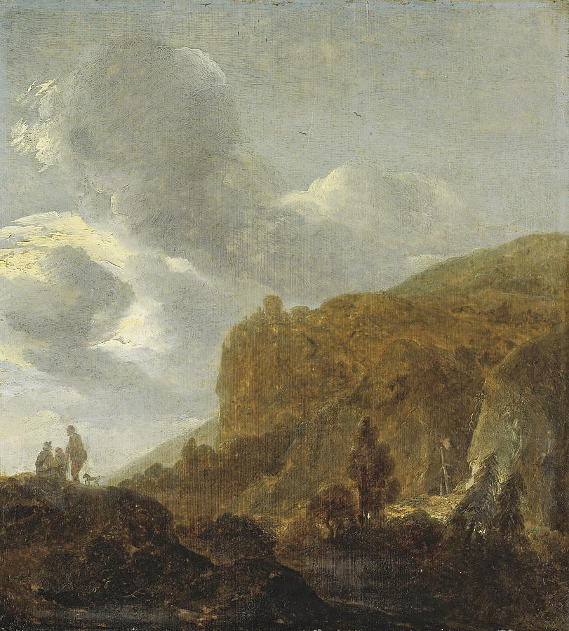 Mountain landscape with travellers Painting by Guillam Du Bois