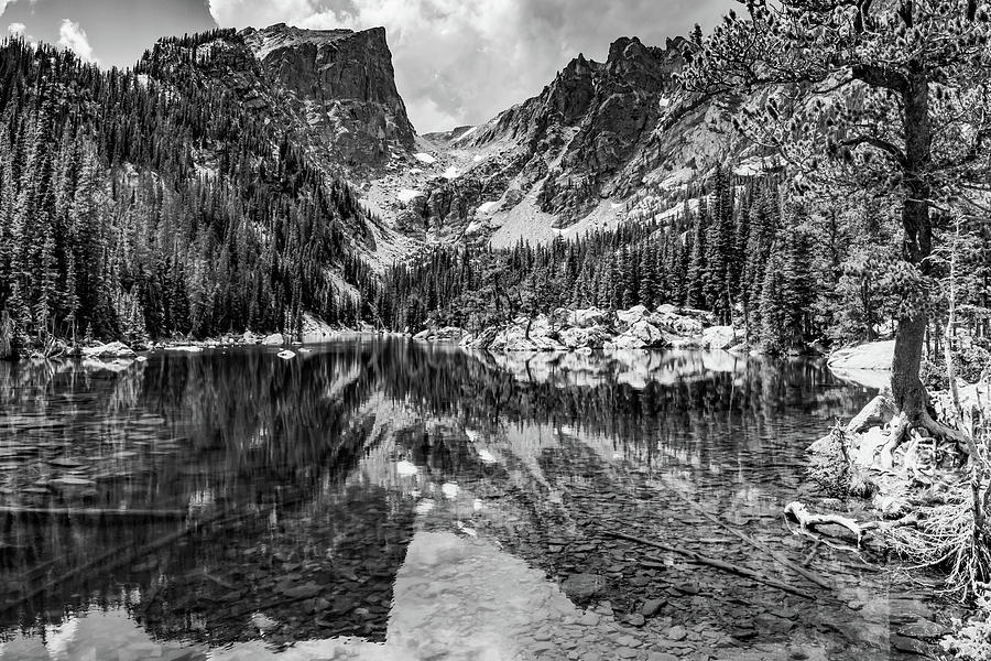 Mountain Peak Landscape on Dream Lake - Monochrome Photograph by Gregory Ballos