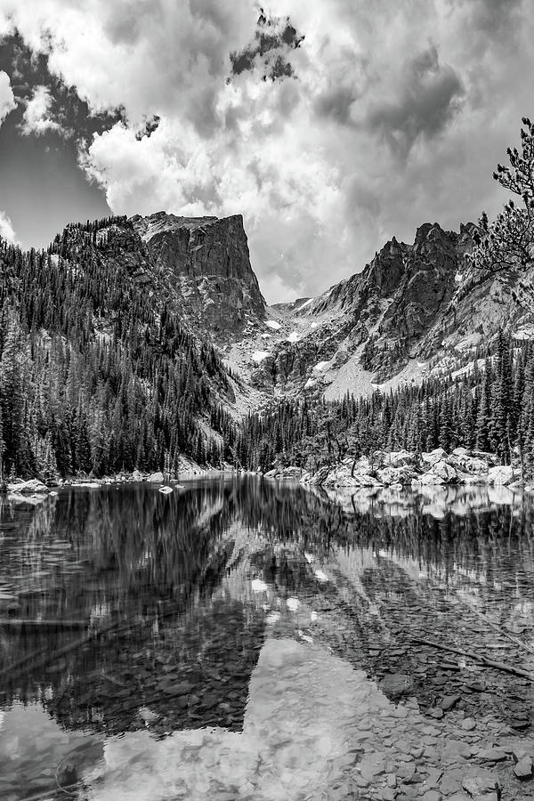 Mountain Peaks on Dream Lake - Monochrome Photograph by Gregory Ballos