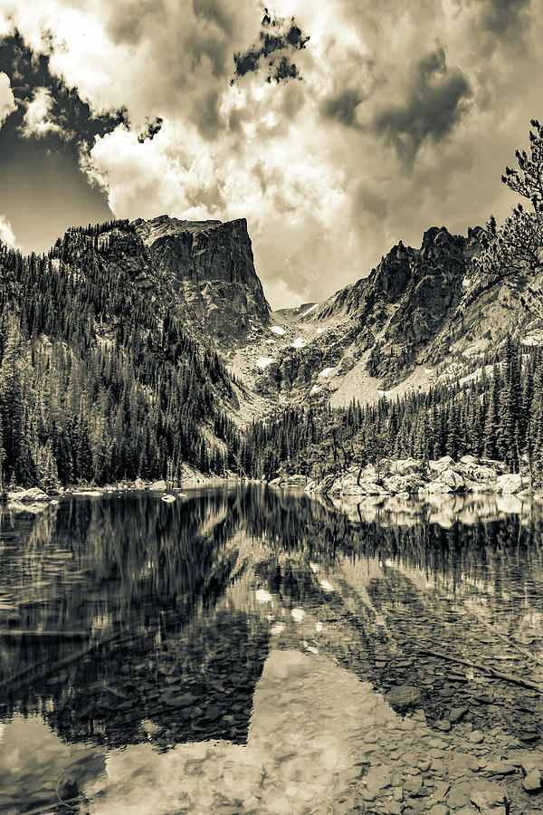 Mountain Peaks on Dream Lake - Sepia Photograph by Gregory Ballos