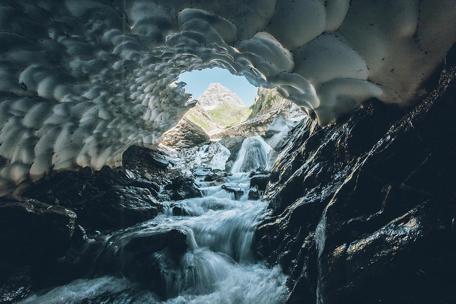 Mountain River Through Old Snow Cave , E5, Alpenberquerung, 1st Stage Oberstdorf Sperrbachtobel To Kemptnerhtte, Allgu, Bavaria, Alps, Germany Photograph by Christoph Jorda