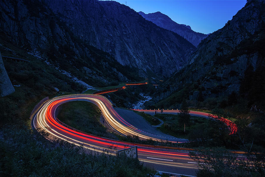 Mountain Road At Night With Car Light Photograph by Sandro Bisaro