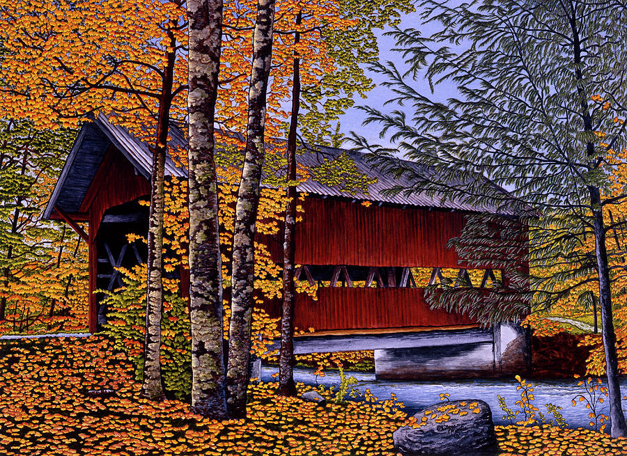 Covered Bridge Painting - Mountain Road Bridge by Thelma Winter