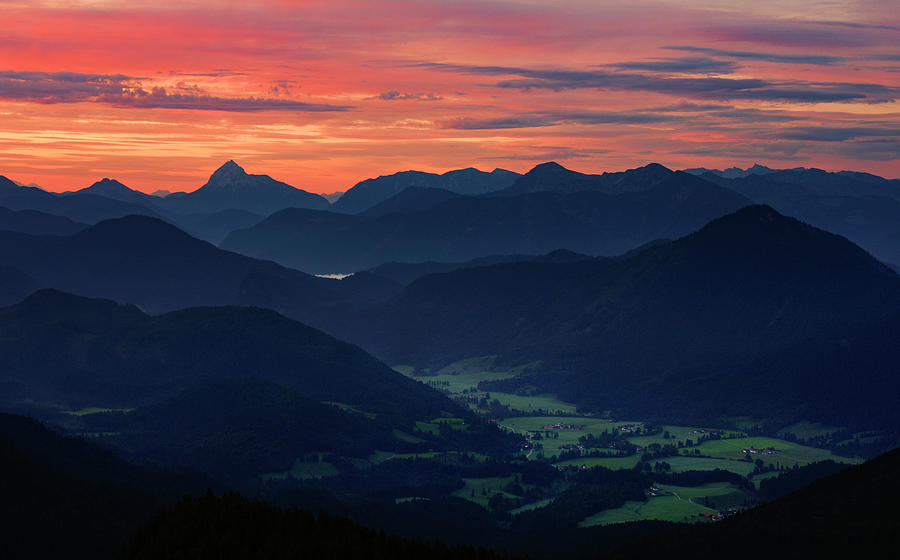 Mountain Silhouettes With Jachenau Am Walchensee At Sunrise, From Jochberg, Bavarian Prealps Photograph by Bastian Linder