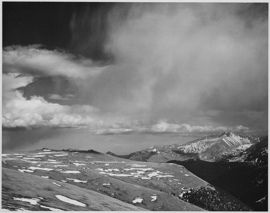 Mountain tops low horizon low hanging clouds In Rocky Mountain National Park Colorado. 1933 - 1942 Painting by Ansel Adams