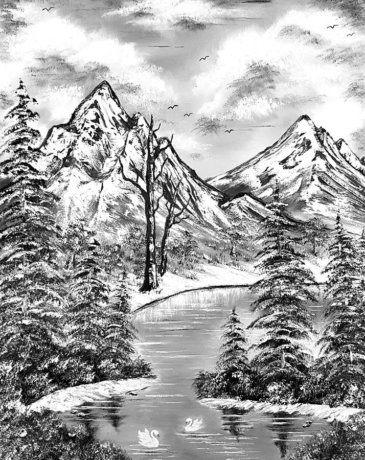 Mountainous adventures grayscale  Painting by Angela Whitehouse