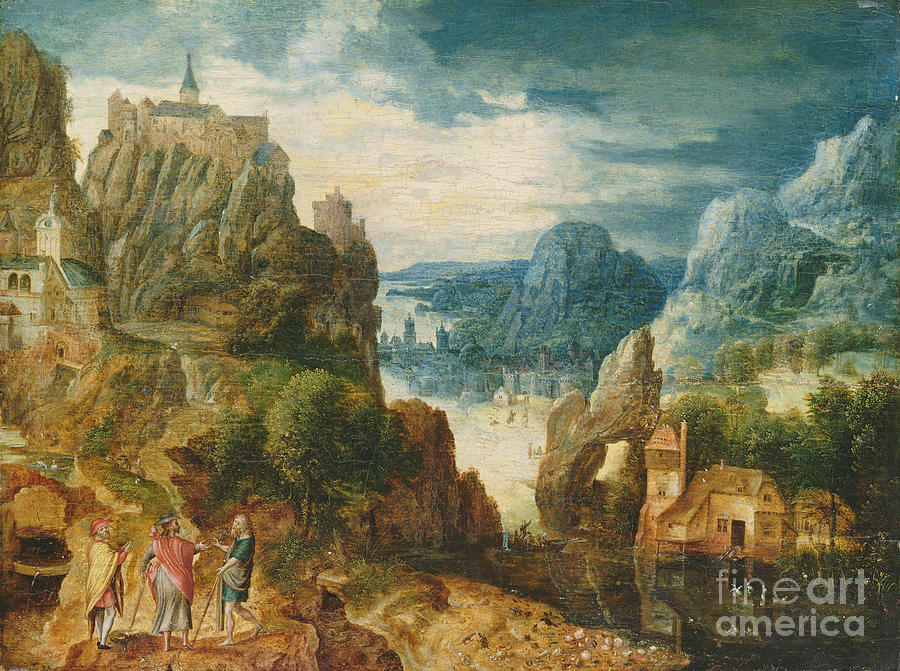 Mountainous Landscape With The Road To Emmaus, 1597 Painting by Lucas ...