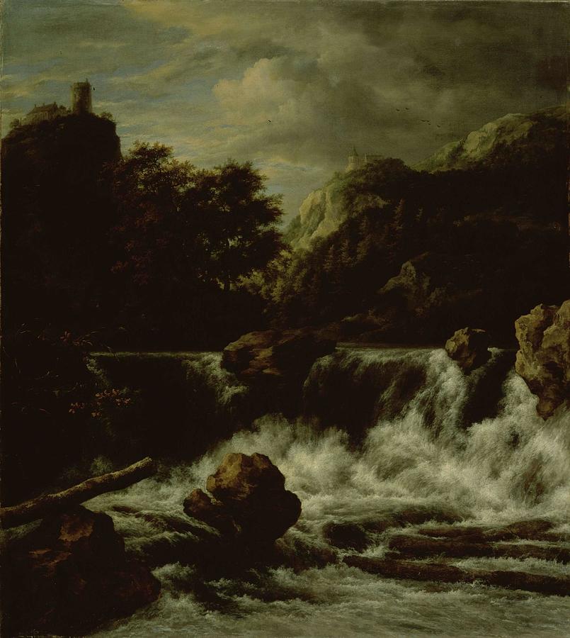 Mountainous Landscape with Waterfall. Painting by Jacob Isaacksz van Ruisdael -1628-1682-