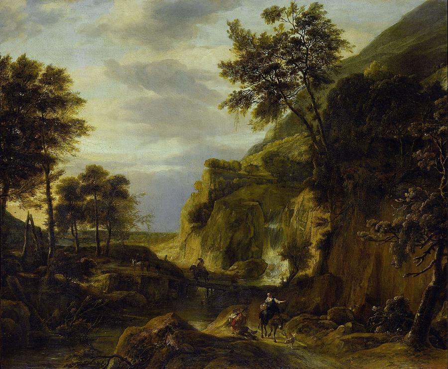 Mountainous Landscape with Waterfall. Painting by Roelant Roghman