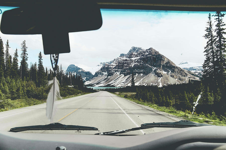 Mountain Photograph - Mountains Against Clear Sky At Jasper National Park Seen Through Cars Windshield by Cavan Images