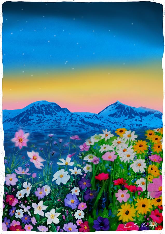 Flower Digital Art - Mountains and flowers by Svein Ove Hareide