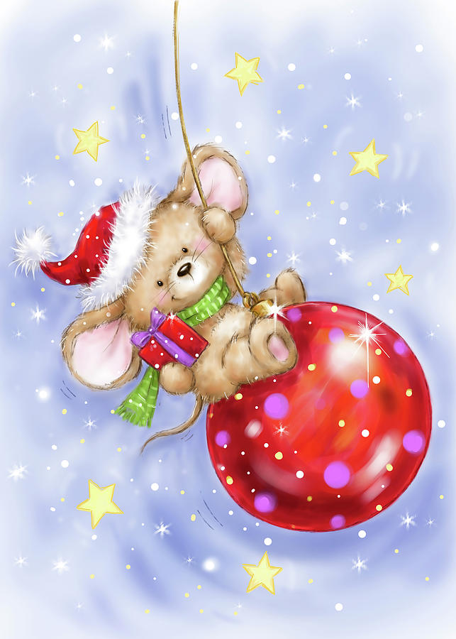Christmas Mixed Media - Mouse On Bauble by Makiko