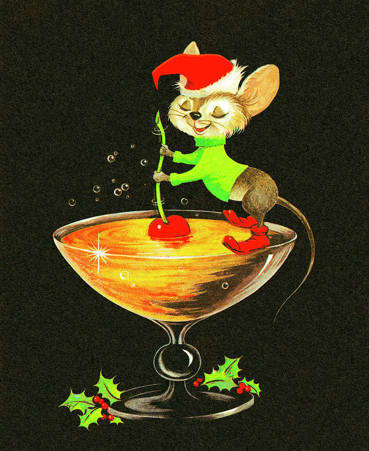 Christmas Drawing - Mouse Stirring A Christmas Cocktail by CSA Images