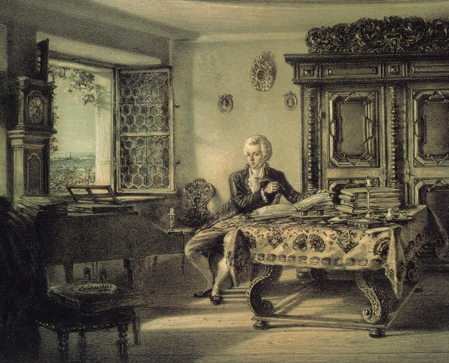 Mozart in his studio at Kahlenberg near Vienna, working on the Magic Flute.-Lithograph by Rudol... Painting by Album