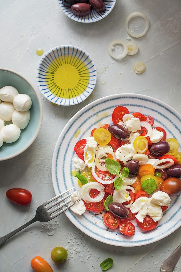 Mozzarella And Tomato Salad With Olives, Onion, Basil And Olive Oil Photograph by Magdalena Hendey