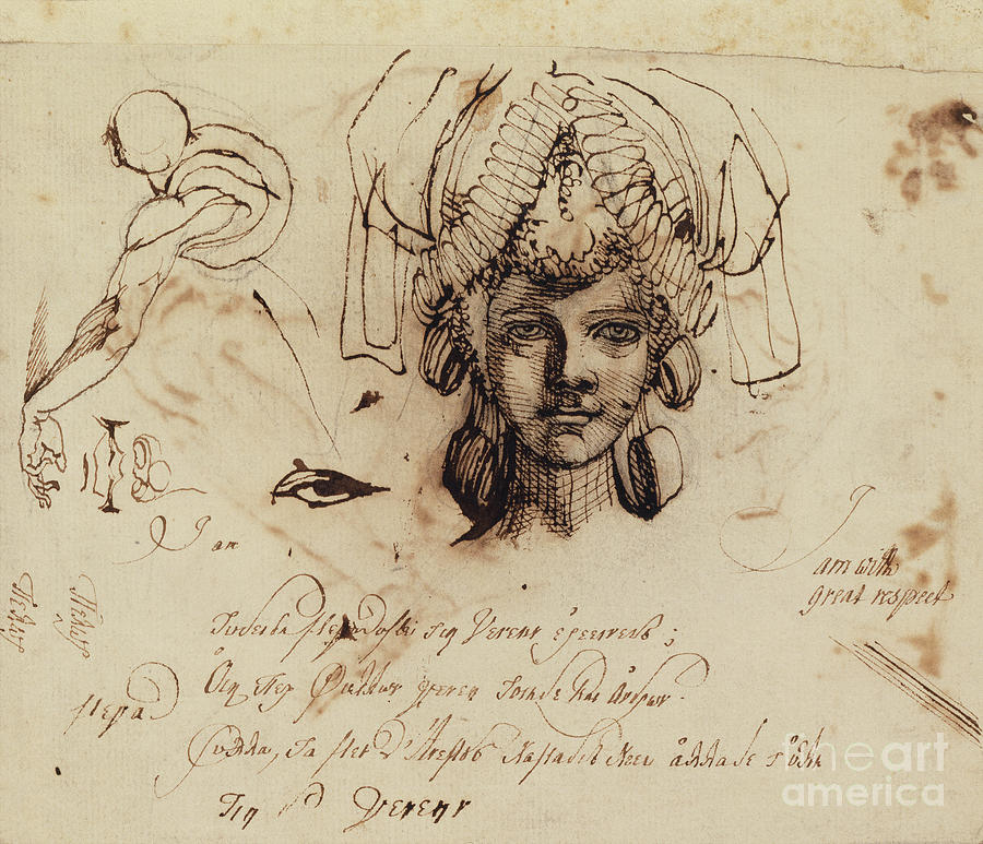 Mrs Fuseli Wearing An Elaborate Headdress And Studies Of An Eye, Mouth And Torso Pen And Ink Painting by Henry Fuseli