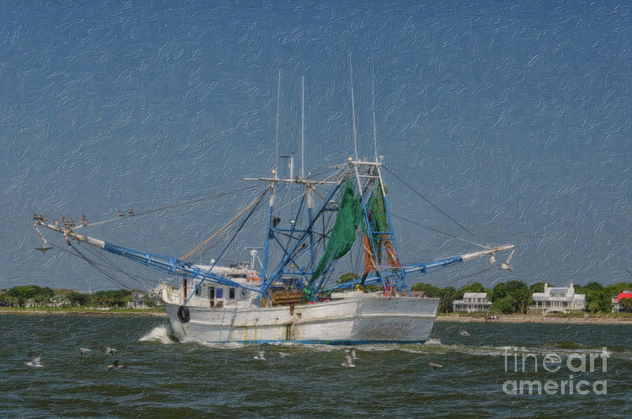 Mrs Judy Too Shrimp Boat Cruising by Sullivans Island SC Painting by Dale Powell
