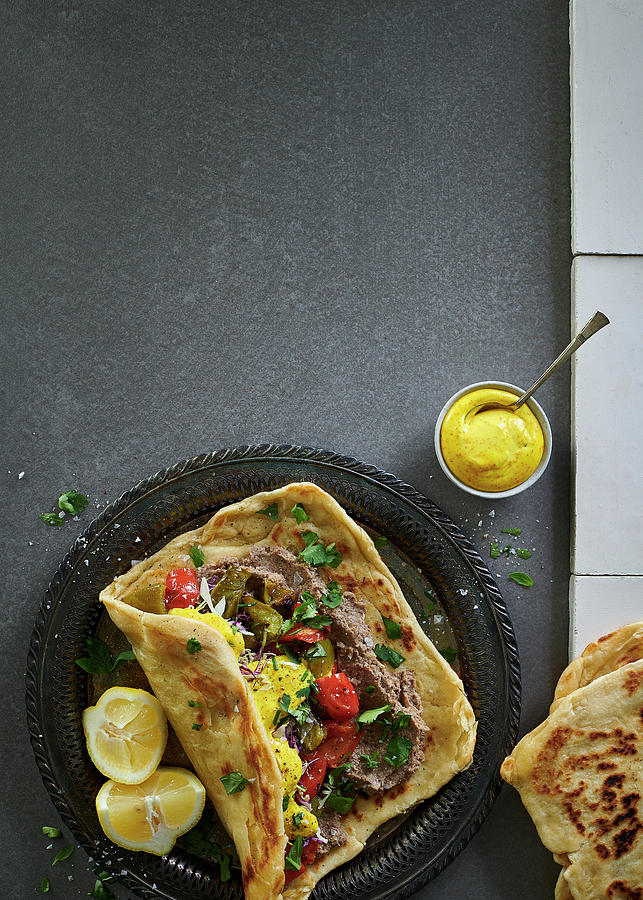 Msemen With Mushroom Pt, Roasted Peppers, Cabbage And Turmeric Mayonnaise Photograph by Great Stock!