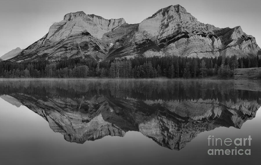 Mt Kidd Sunrise Reflections Black And White Photograph by Adam Jewell