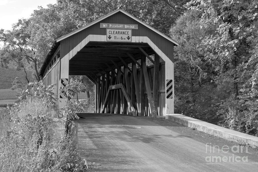 Mt. Pleasant Covered Bridge Under The Trees Black And White Photograph by Adam Jewell