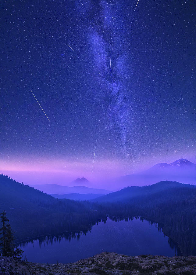Night Photograph - Mt Shasta Shooting Stars by Jennie_jiang