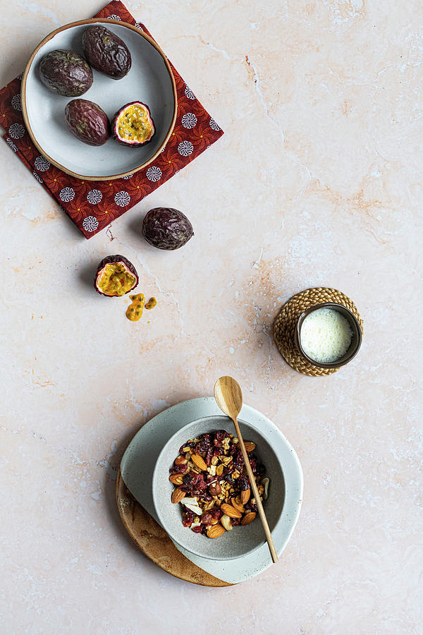 Muesli With Nuts And Fresh Granadilla passion Fruit Photograph by Hein Van Tonder