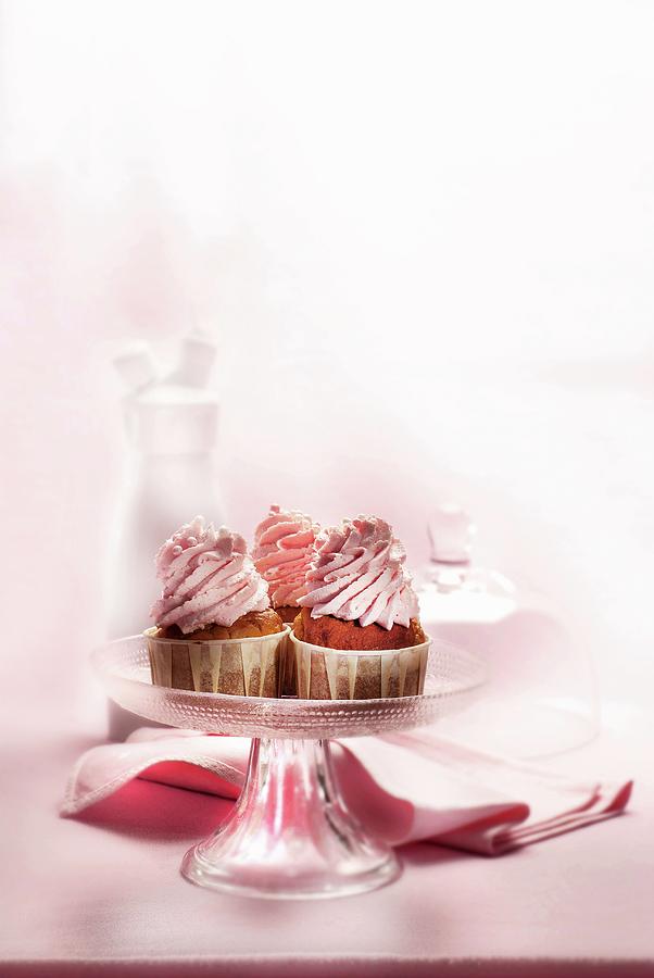 Bread Photograph - Muffins Topped With Rose Whipped Cream And Multicolored Sugar Pearls by Perrin