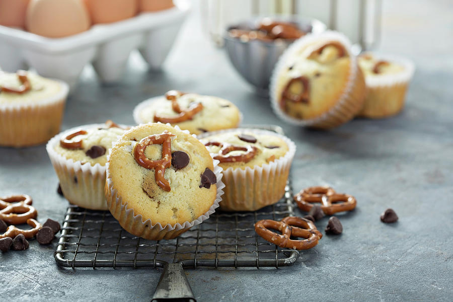 Candy Photograph - Muffins With Chocolate Chips And Salted Pretzels by Elena Veselova