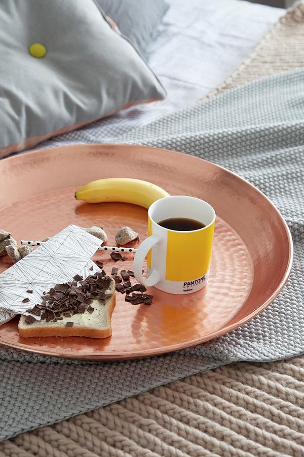 Mug Of Coffee, Banana And Toast On Tray On Bed Photograph by Simone Van Rees
