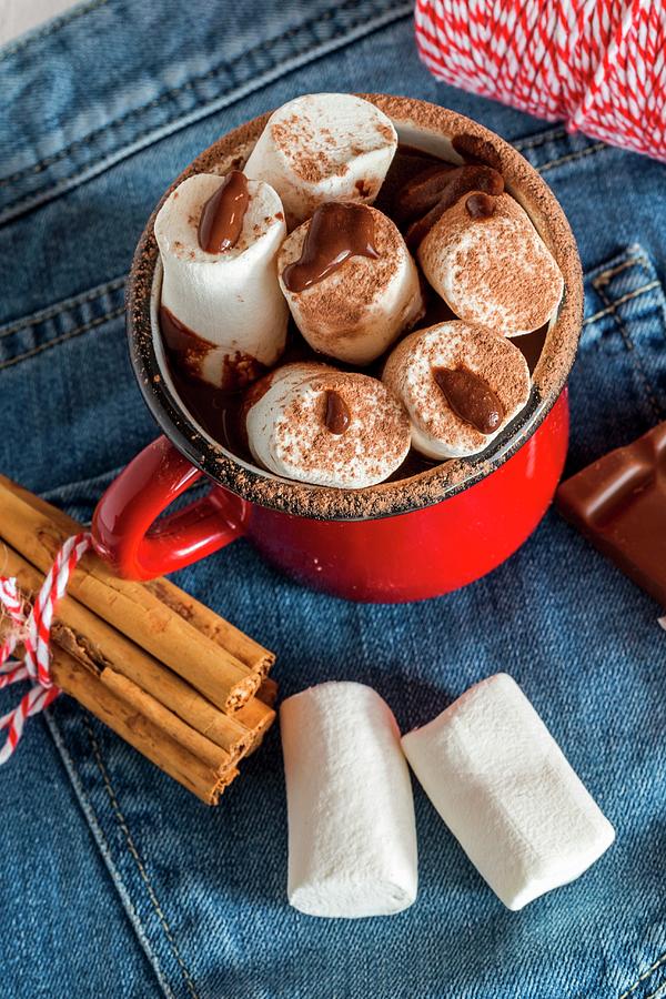 Mug With Hot Chocolate With Marshmallow On Old Wooden Board Photograph by Eduardo Lopez Coronado
