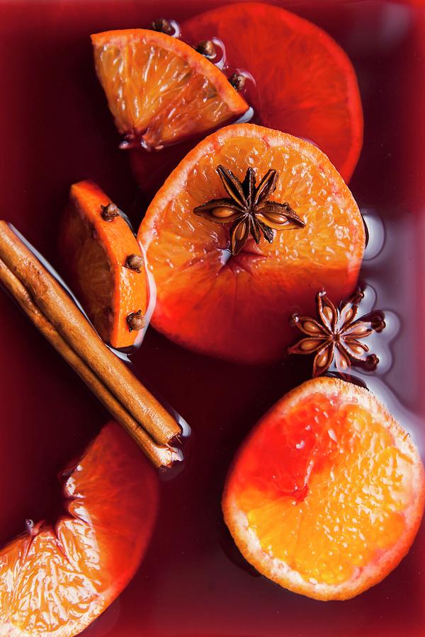 Mulled Wine Fruit And Spice In Red Wine Close Up Photograph by Stacy Grant