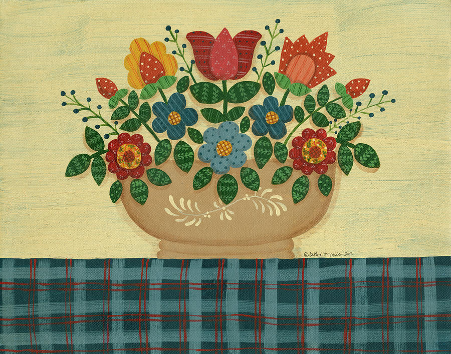 Multi-colored Flowers With Dark Blue Tablecloth Painting by Debbie Mcmaster
