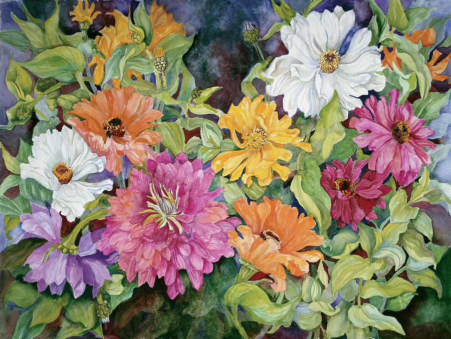 Flowers Still Life Painting - Multi-colored Zinnias by Joanne Porter
