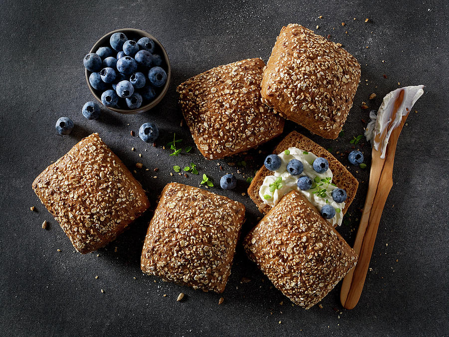 Multi-grain Rolls With Cream Cheese And Blueberries Photograph by Frank Gllner