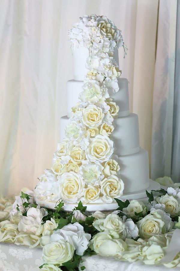 Multi-tiered, White Wedding Cake Romantically Decorated With Roses Photograph by Steven Morris