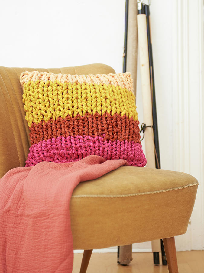 Multicoloured Cushion Made From Knitted Tubes Made Using Knitting Dolly Photograph by Hsfoto