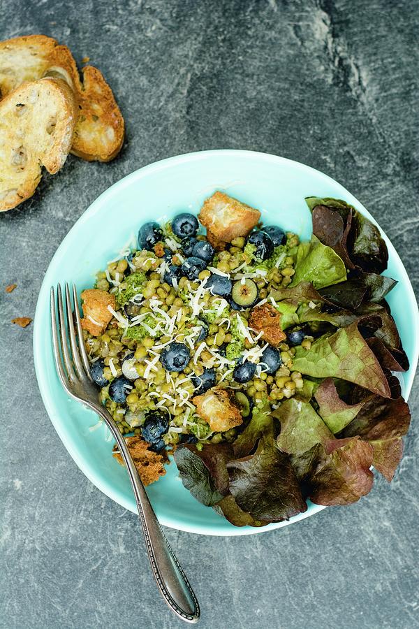 Mung Bean Salad With Croutons And Blueberries Photograph by Leah Bethmann