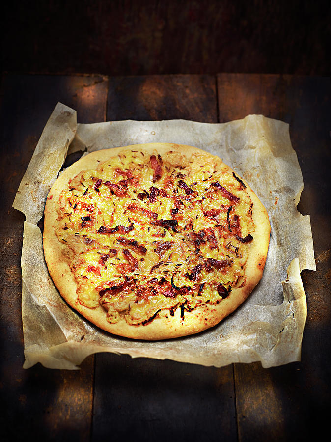 Munster Cheese, Onion, Bacon And Cumin Pizza Photograph by Perrin