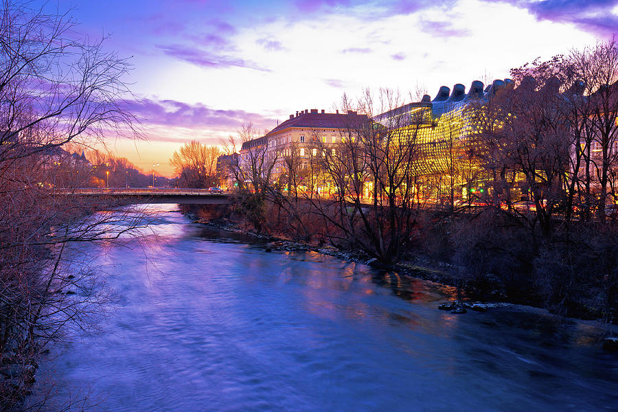 Mur river waterfront in Graz evening view Photograph by Brch Photography